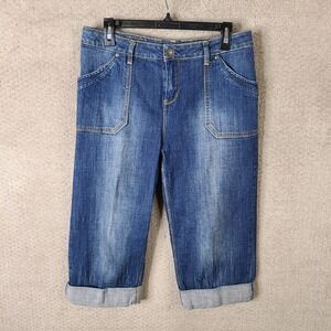 Ruff Hewn Jeans Womens 10 Blue Denim Capri Cuffed Dark Wash High Waist‎